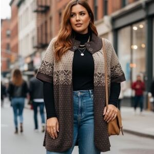 Vtg Plus Size 1X Nordic Knit Short Sleeve Cardigan | Cozy Brown Fair Isle